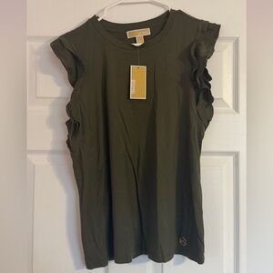 Michael Kors Dark Green Ruffle Sleeve Tee